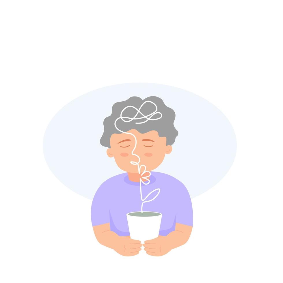 A child boy is smilling and holding a flower pot with stress symbol, mental health concept. Flat vector illustration.