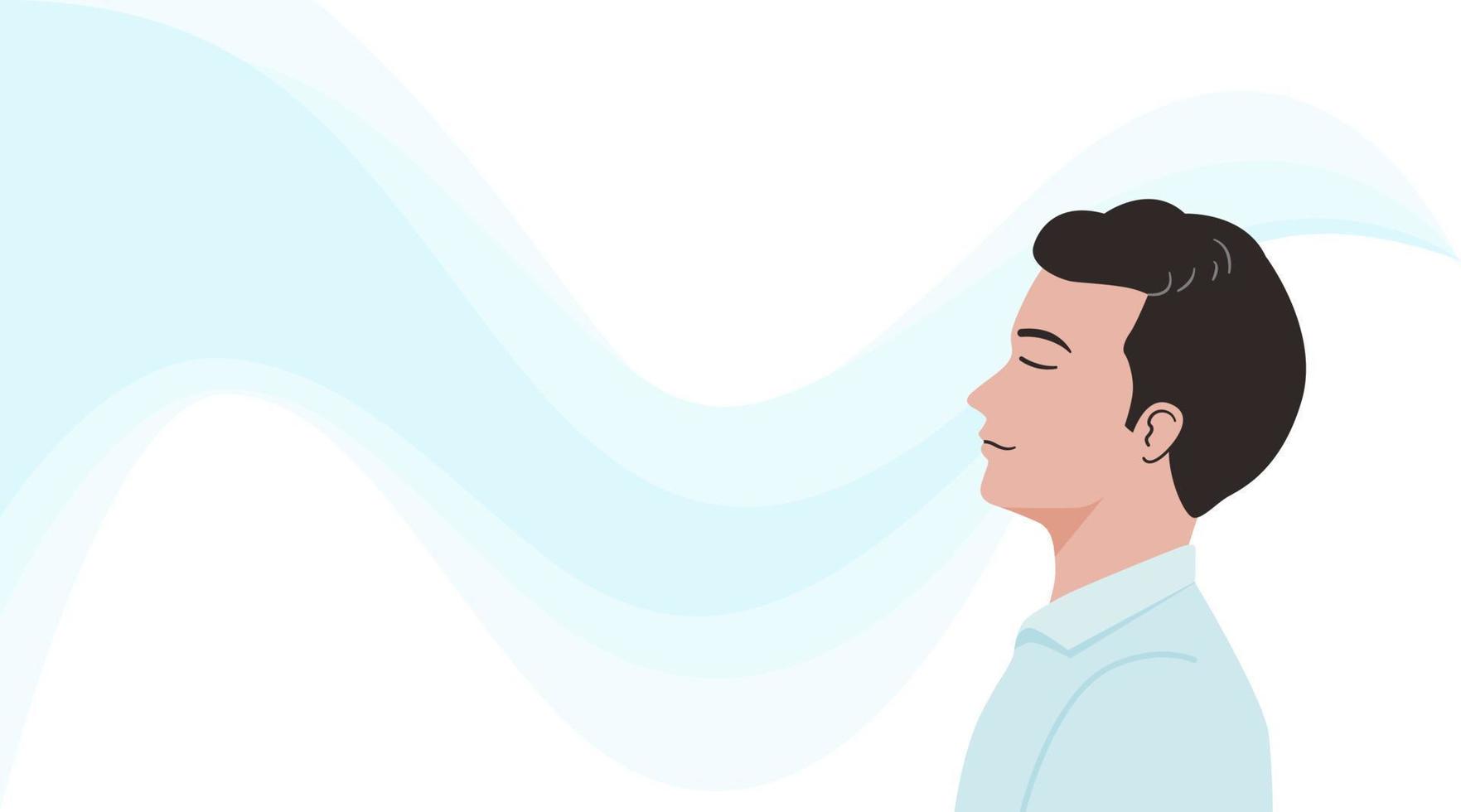 Side view of a relax man breathing fresh air on bright backgroud. flat vector illustration