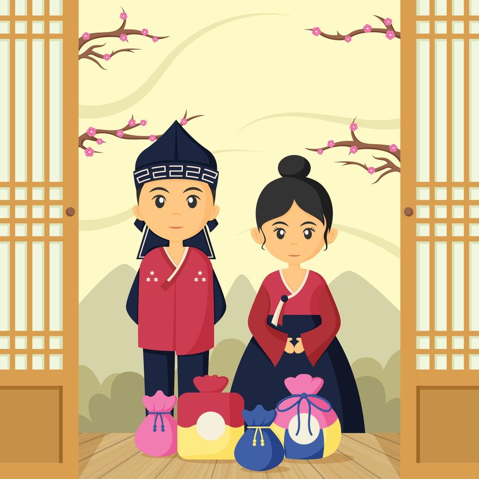 Illustration of Young Korean Couple Bringing Gifts vector