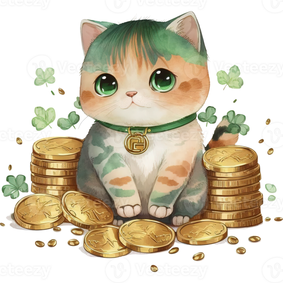 Free St Patricks Day Watercolor Cute cat Gold coins 21024681 PNG with
