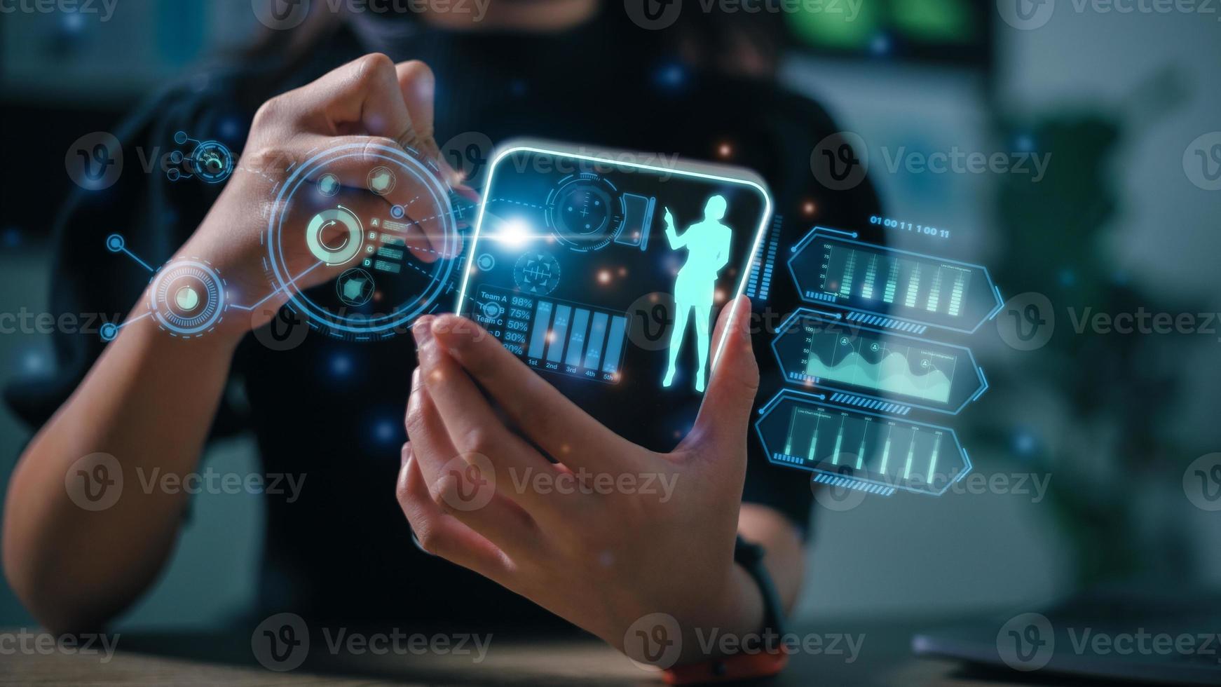 Data scientists, Business woman touching on digital tablet computer analyzing business report, financial graph on futuristic virtual interface screen. Algorithm, marketing and business intelligence photo
