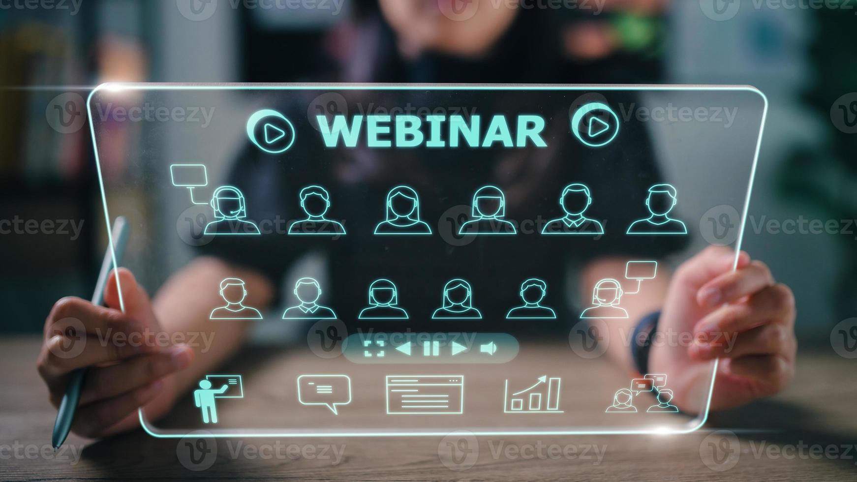 Women online training webinars. E-learning browsing connection and cloud online technology webcast concept on a futuristic virtual interface screen. photo