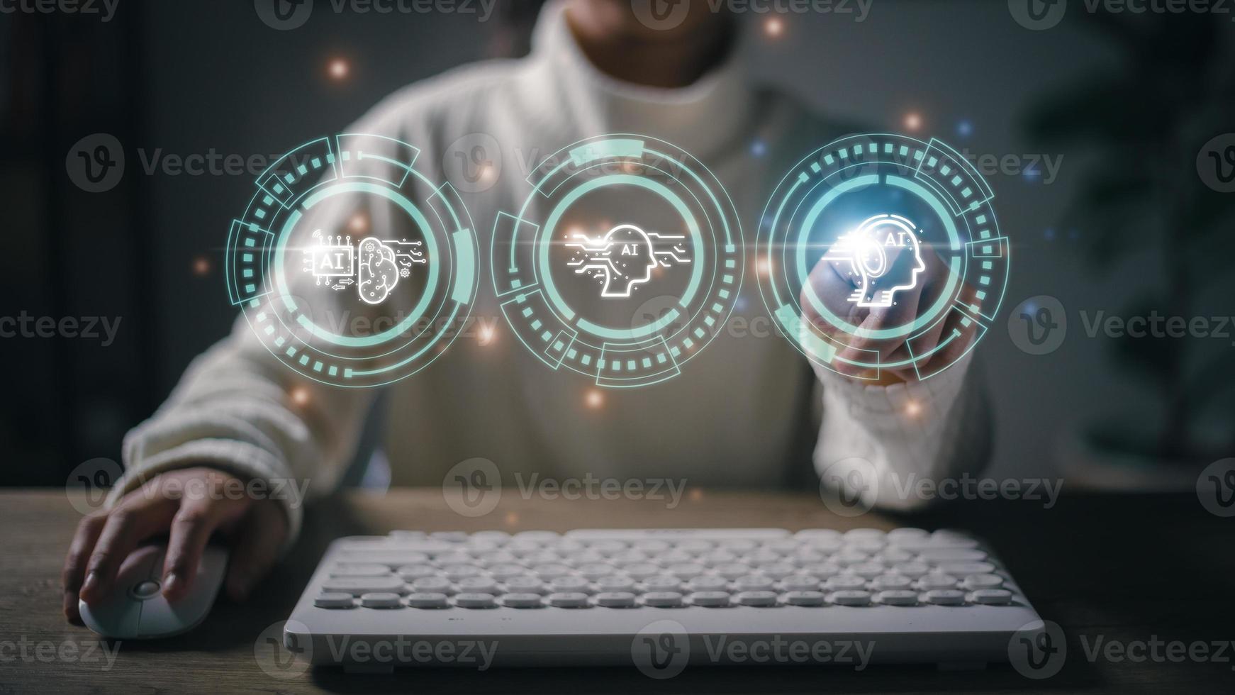 Technology and people concept women use AI to help work, AI Learning, and Artificial Intelligence Concepts. Business, modern technology, internet, and networking concept. photo