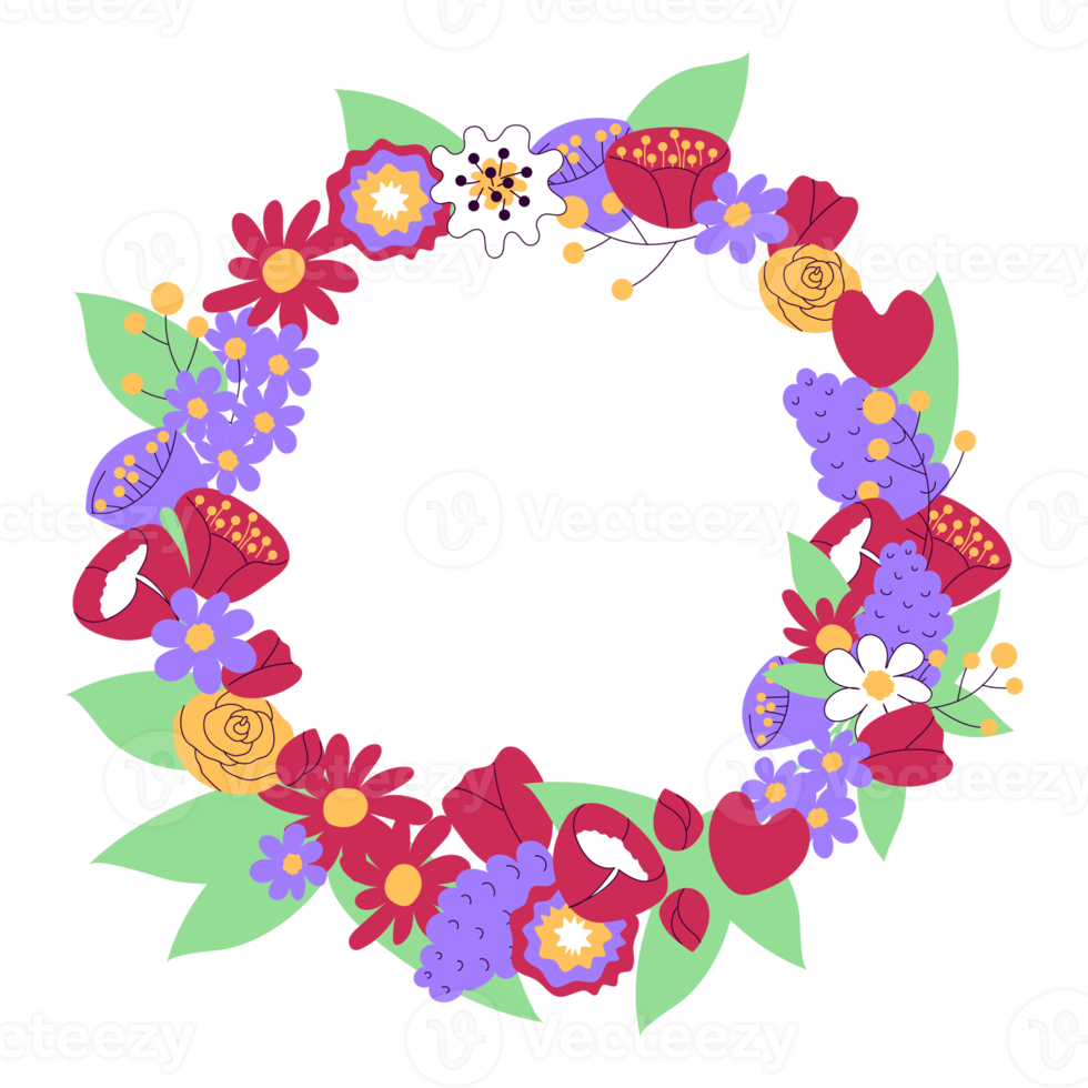 Floral wreath with naive doodle flowers. Hand drawn poppy, chamomile, lilac. Round frame isolated on transparent background. Spring, summer template. PNG illustration