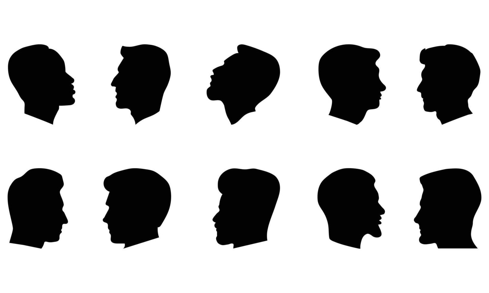 Silhouette man heads in profile. Black face outline avatars, professional male profiles anonymous portraits with hairstyle, vector set