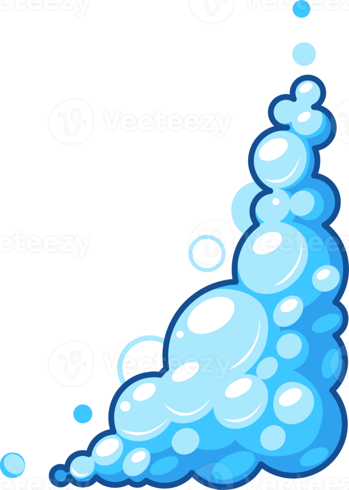Cartoon soap foam set with bubbles. Light blue suds of bath, shampoo, shaving, mousse png