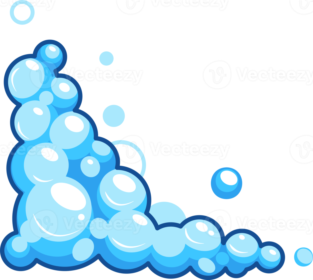 tecknad serie tvål skum uppsättning med bubblor. ljus blå såplödder av bad, schampo, rakning, mousse png
