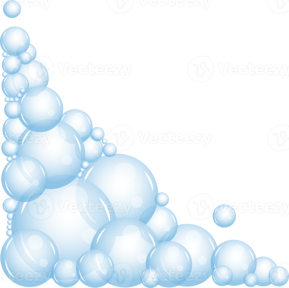 tecknad serie tvål skum uppsättning med bubblor. ljus blå såplödder av bad, schampo, rakning, mousse png