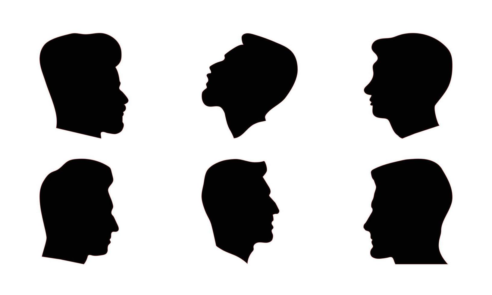 Silhouette man heads in profile. Black face outline avatars, professional male profiles anonymous portraits with hairstyle, vector set
