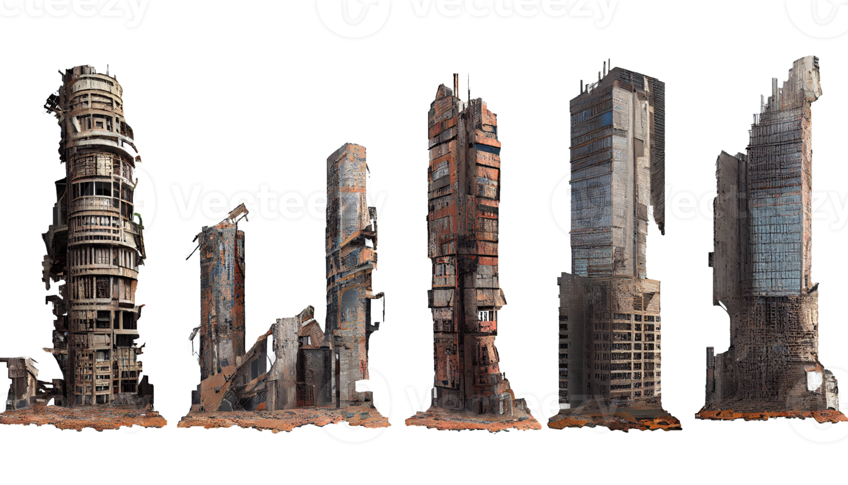 Ruined skyscrapers on isolated transparent background png