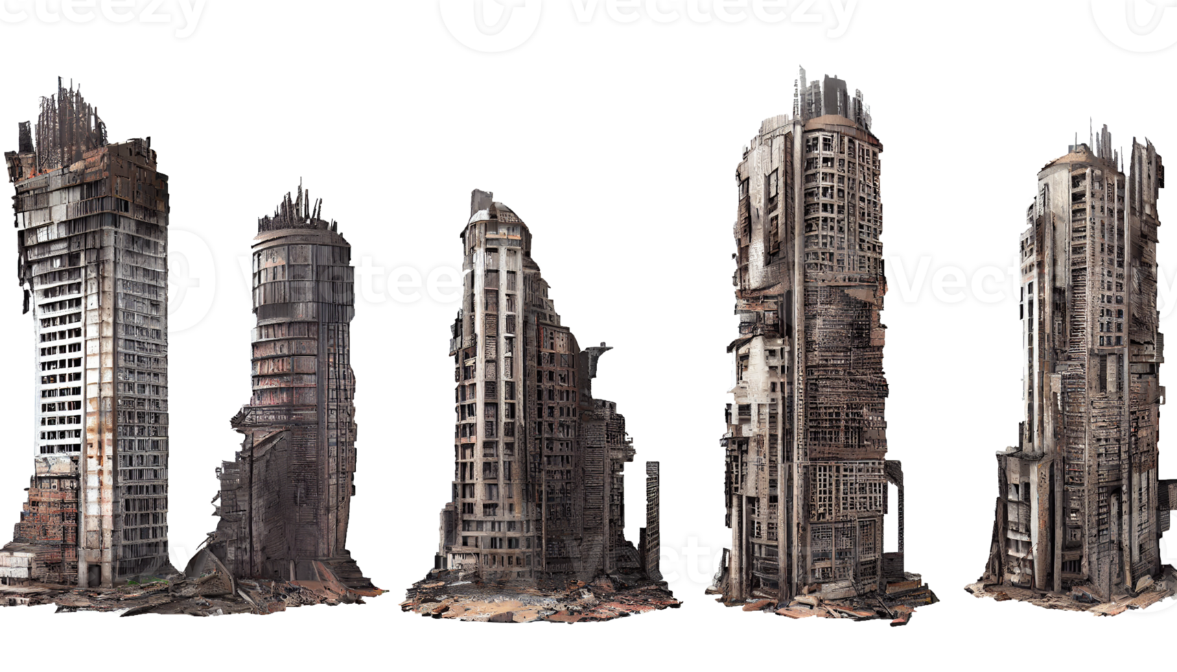 Ruined skyscrapers on isolated transparent background png