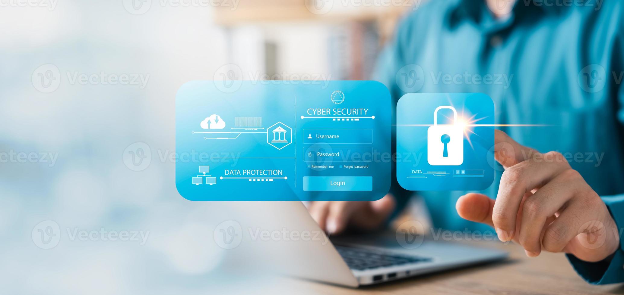 la seguridad cibernética con nombre de usuario y contraseña, empresario utilizando seguro ordenador portátil cifrado tecnología, personal datos proteccion, global red seguridad tecnología, la seguridad cibernética concepto. foto