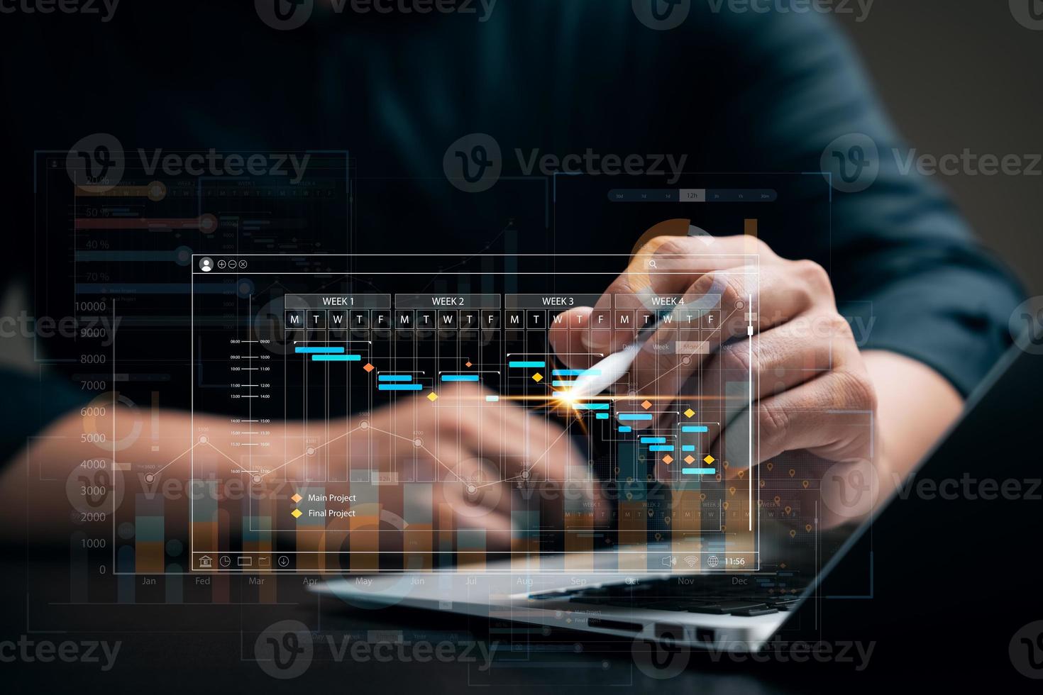 businessman analyzing business Enterprise data management, business analytics with charts, metrics and KPIs to improve organizational performance, marketing, financial organization strategy. photo