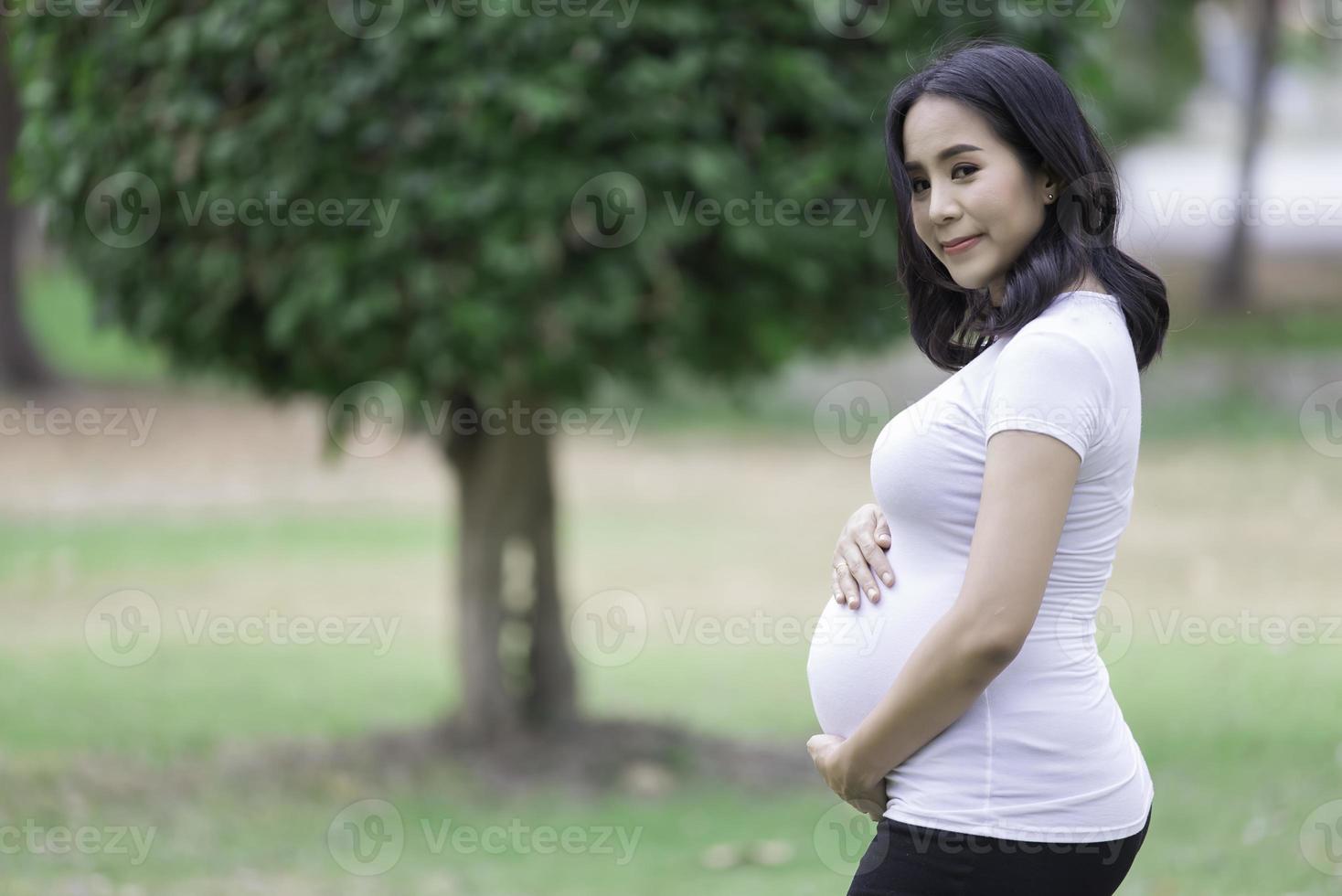 retrato de asiático hermosa embarazada mujer a el parque,tailandia gente feliz mujer concepto, ella utilizar mano toque su vientre, madre día concepto foto