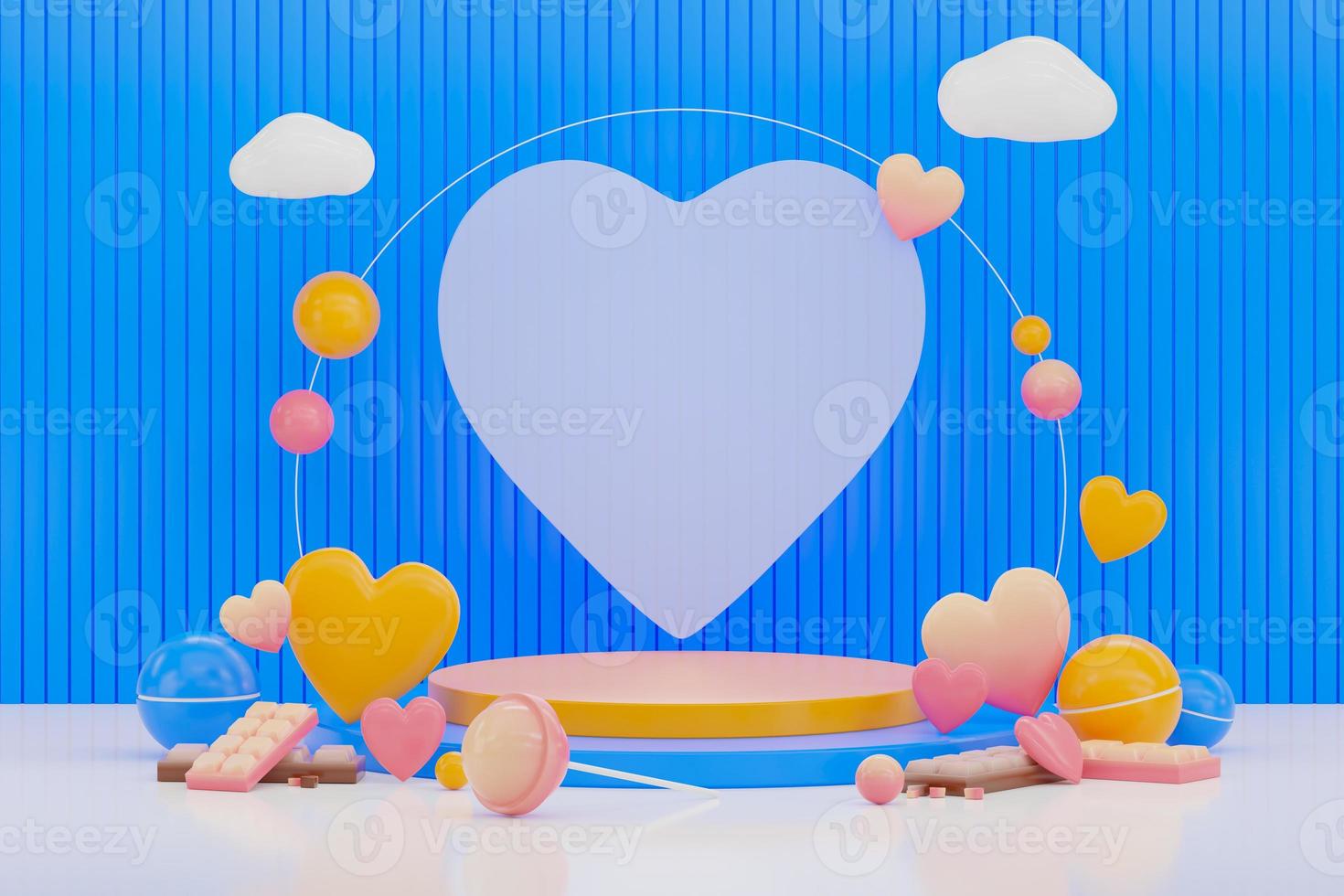 Display podium in yellow with a realistic 3D blue background and white heart background. Valentines day. 3D Render photo