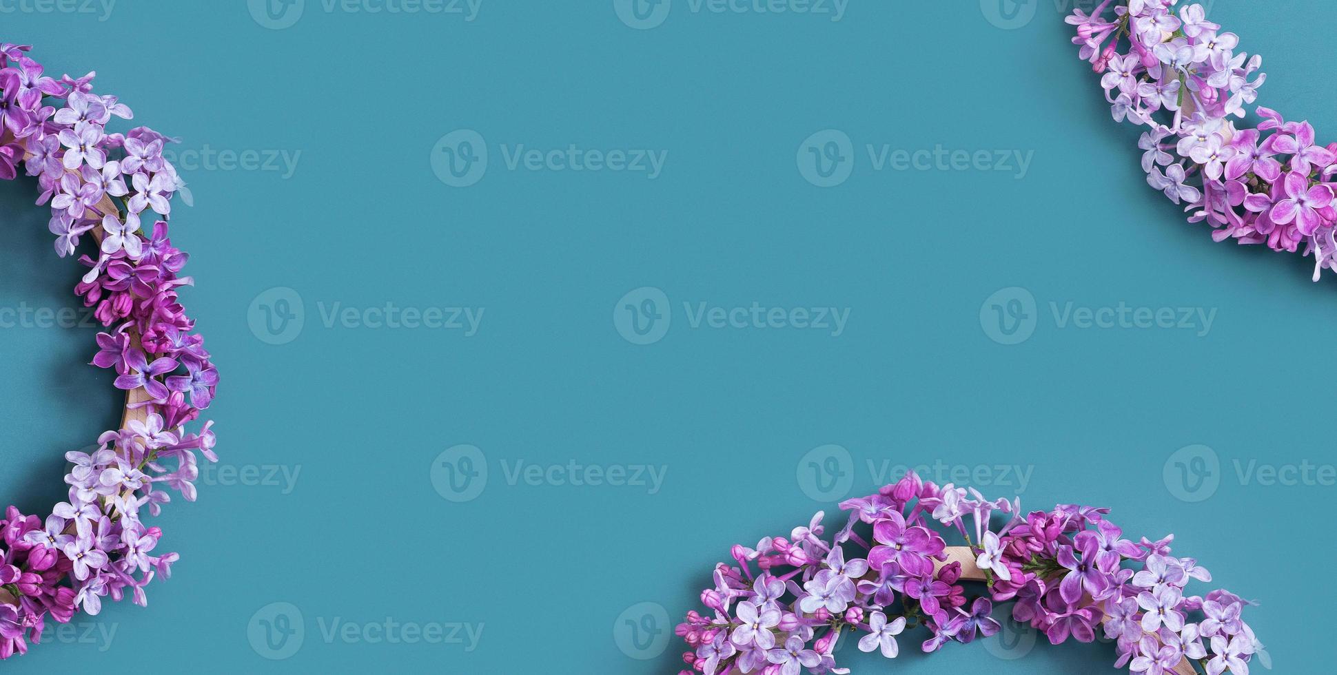 Banner with Lilac flowers wreath with copy space. Summer, spring floral composition flat lay, top view photo