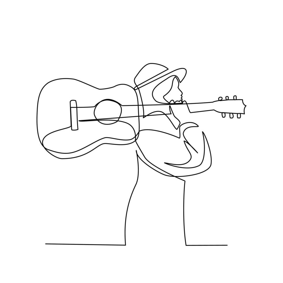 Girl with guitar drawn in line art style vector