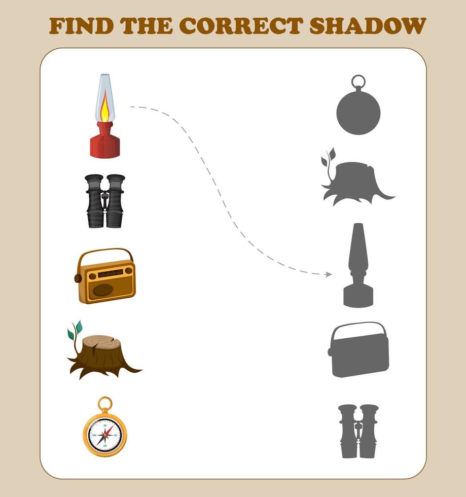 Developmental game for kids find the right shadow or silhouette. Printable worksheet. Fun task with camping elements - benockle, radio, stump, kerosene lamp, compass. vector