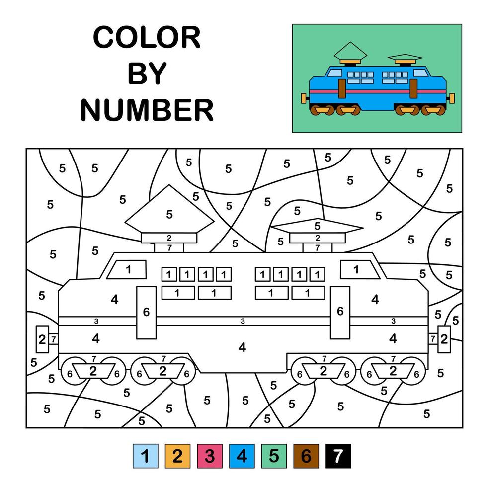 Colour in the numbers on the blue train Educational game for kids and teens Black and white illustration Colouring page vector