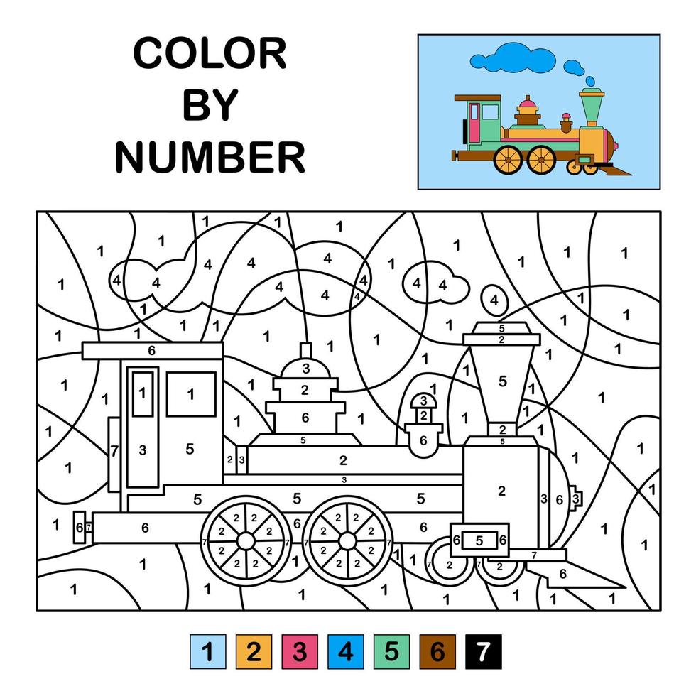Colour in the numbers on the train Educational game for kids and teens Black and white illustration Colouring page vector