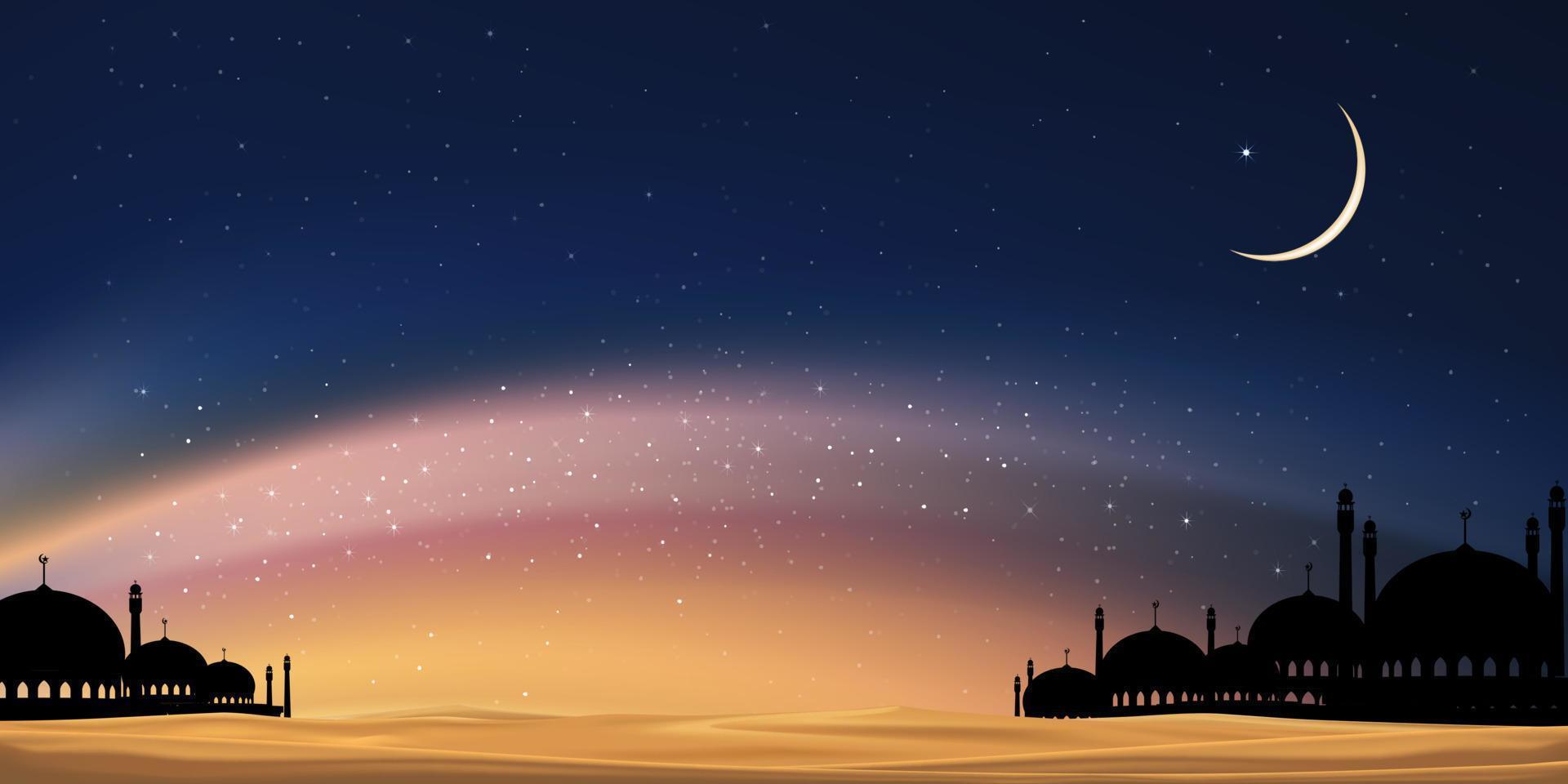 Ramadán tarjeta con mezquitas cúpula, media luna Luna en azul cielo fondo,vertical bandera Ramadán noche con crepúsculo oscuridad cielo para islámico religión, eid Alabama adha, eid mubarak, eid Alabama fitr, ramadán kareem vector