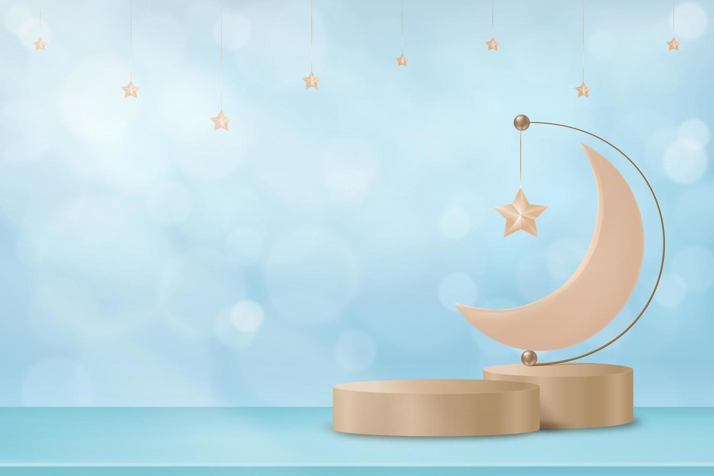 Eid al Adha Mubarak greeting design with Crescent Moon and Star hanging on 3D podium on blurry cloud,blue Sky Background.Vector Backdrop of Religion of Muslim Symbolic for Eid al fitr, Ramadan Kareem vector