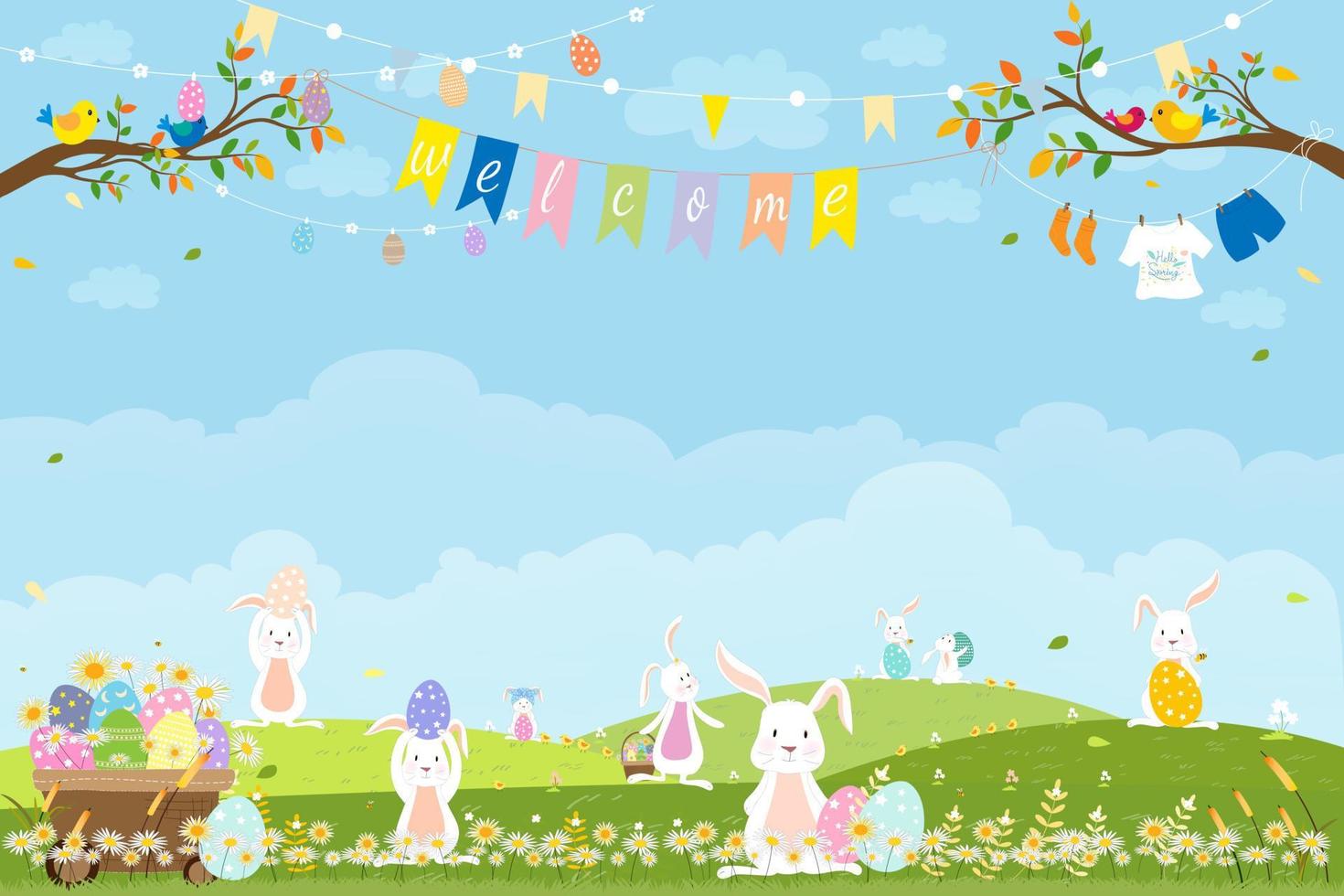 Easter greeting card background, Spring field with Bunny hunting Easter eggs,Vector Cute cartoon Hare Rabbits and honey bees flying in grass field. Spring or Summer time banner with copy space vector