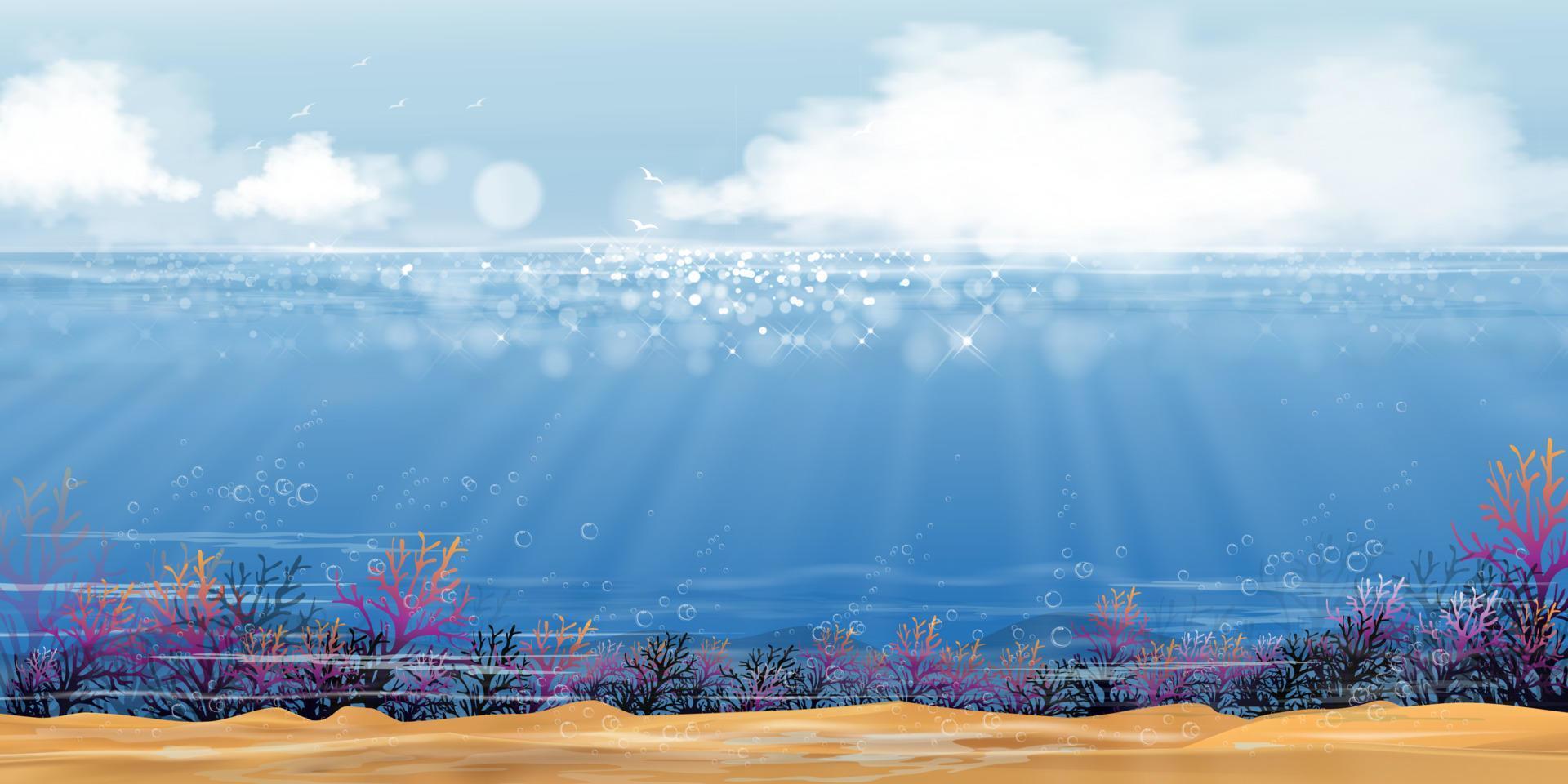 Underwater in deep sea blue with sun and cloud on island,Bottom of ocean with sun ray shining through underwater creatures,coral reefs,seaweed in natural habitat,Vector horizon marine sea life vector