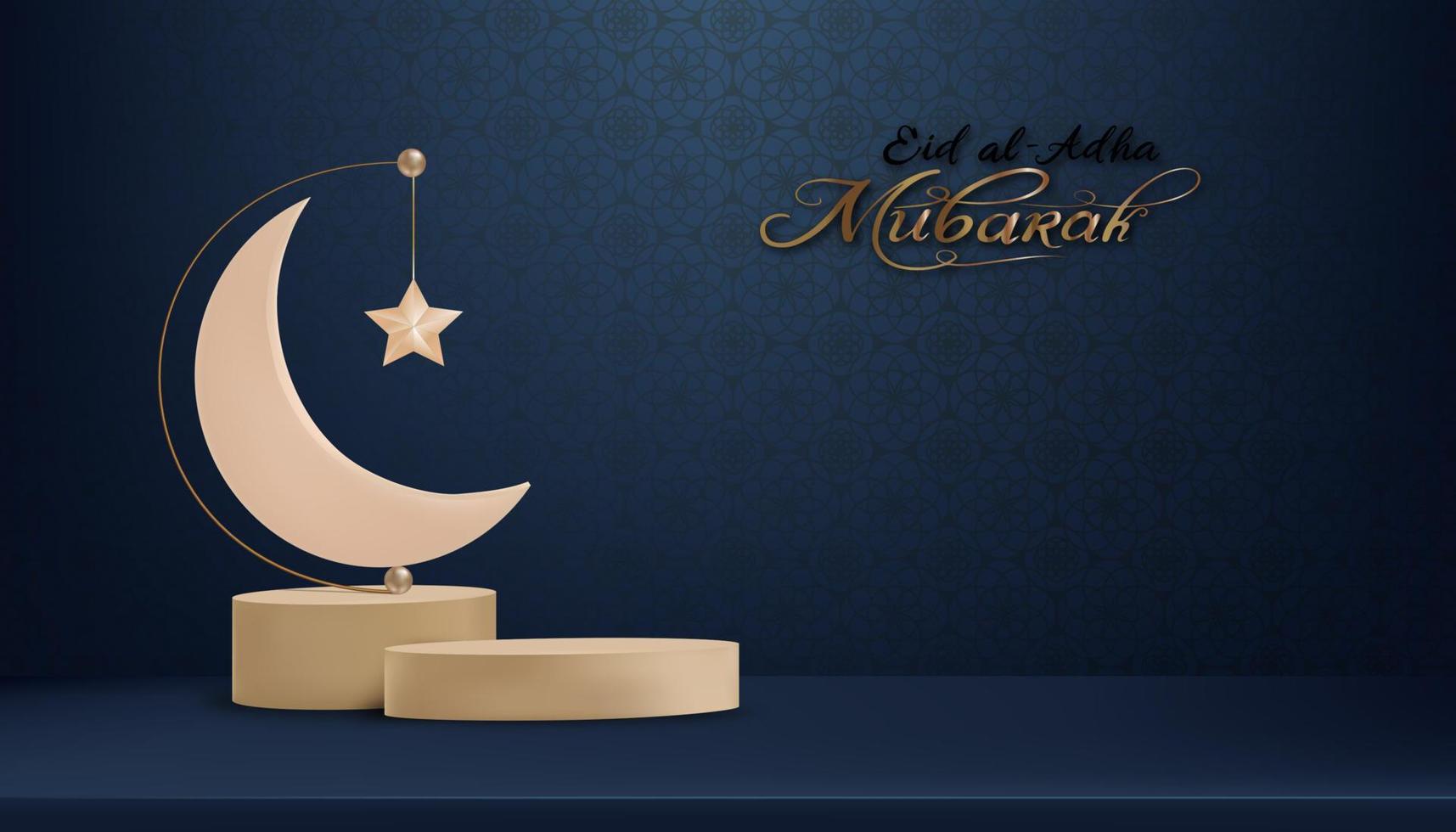 Eid Al Adha Mubarak Card with Crescent Moon and Star on Blue Background with Arabic pattern,Vector 3d Display Islamic ornament of Muslim Religion Symbolic for Eid al fitr,Eid Mubarak,Ramada Kareem vector