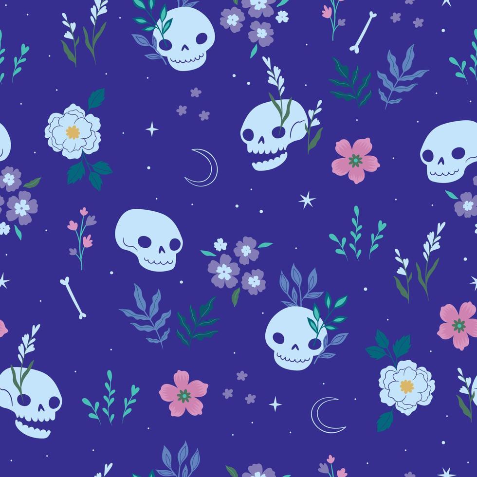 sin costura modelo con calaveras y flores en un azul antecedentes. vector gráficos.