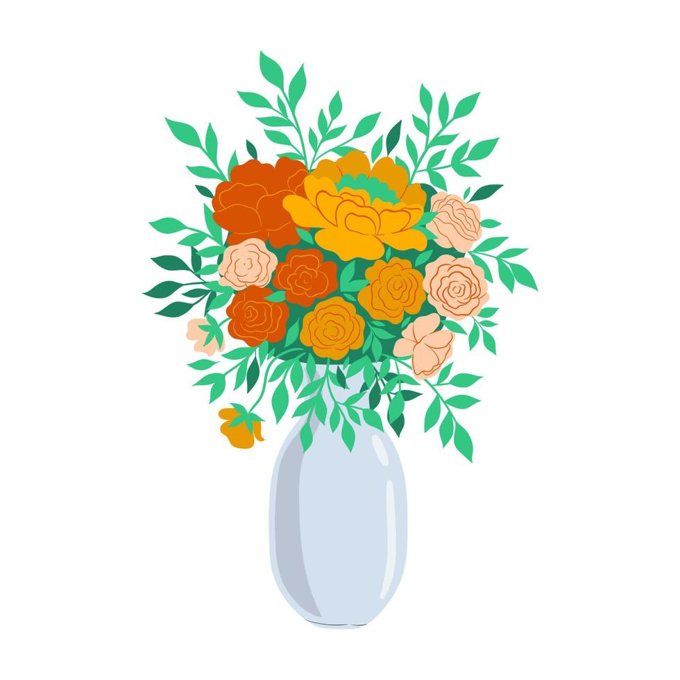 A bouquet of flowers in a vase isolated on a white background. Vector graphics.