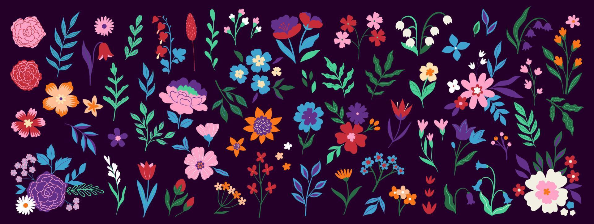 Set of floral design elements. Leaves, flowers, berries, branches. Vector graphics.