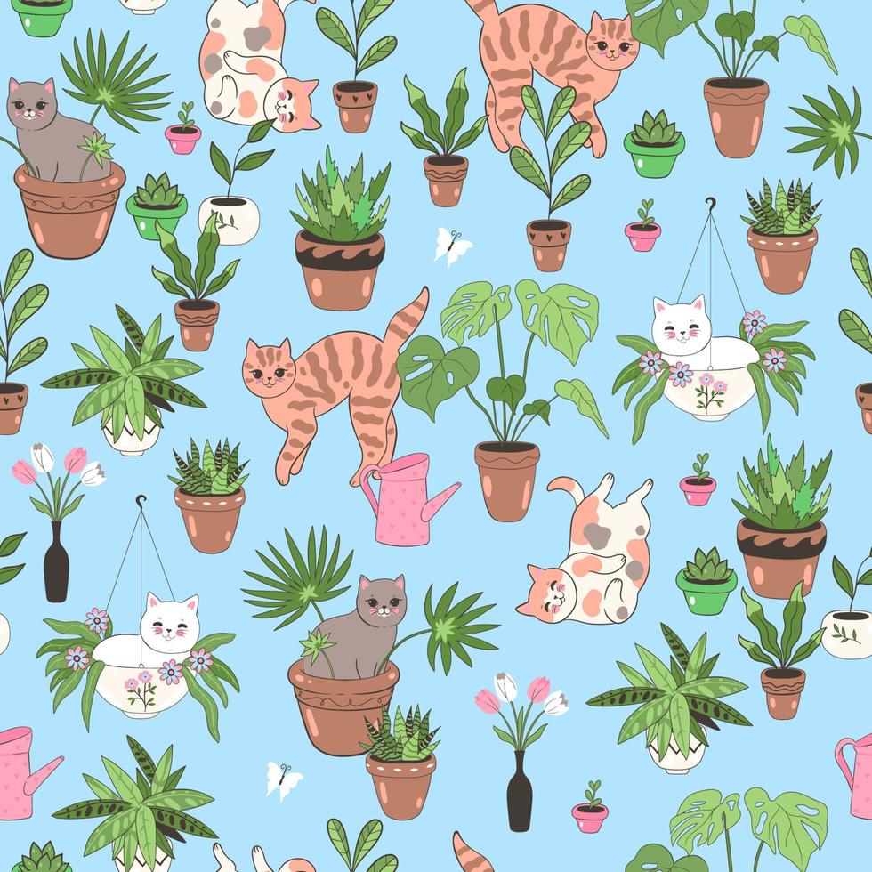 Seamless pattern with cute cats and houseplants . Vector graphics.