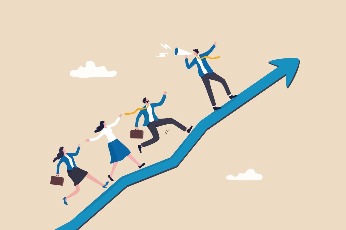 Motivate employee, career improvement or inspiration for self development to success in work, motivation or advice for business growth, businessman with megaphone motivate employees to walk up arrow. vector