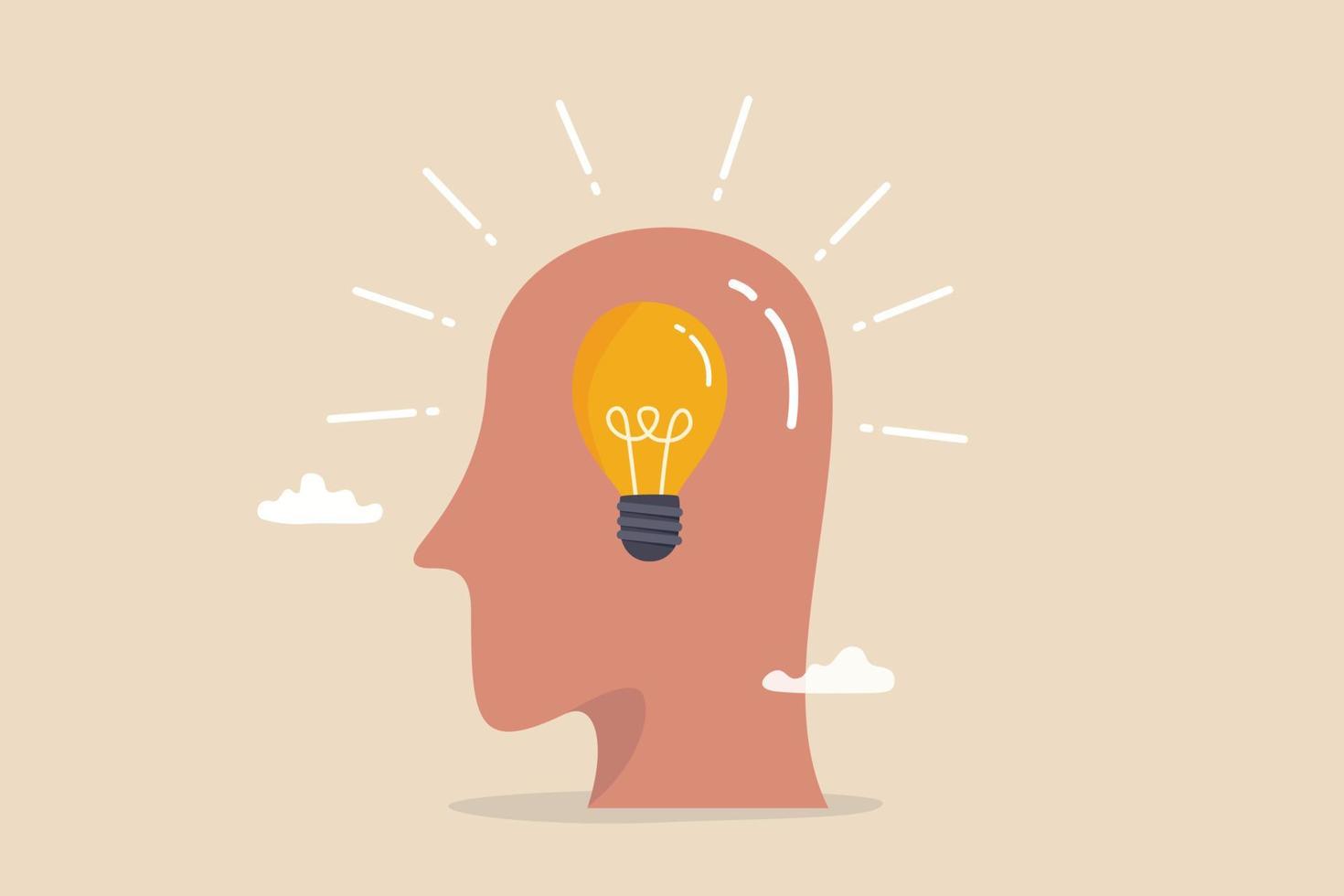 Wisdom, education or philosophy, knowledge and learning, understanding or intuition, critical thinking or creativity, study concept, human head with bright lightbulb metaphor of wisdom and education. vector