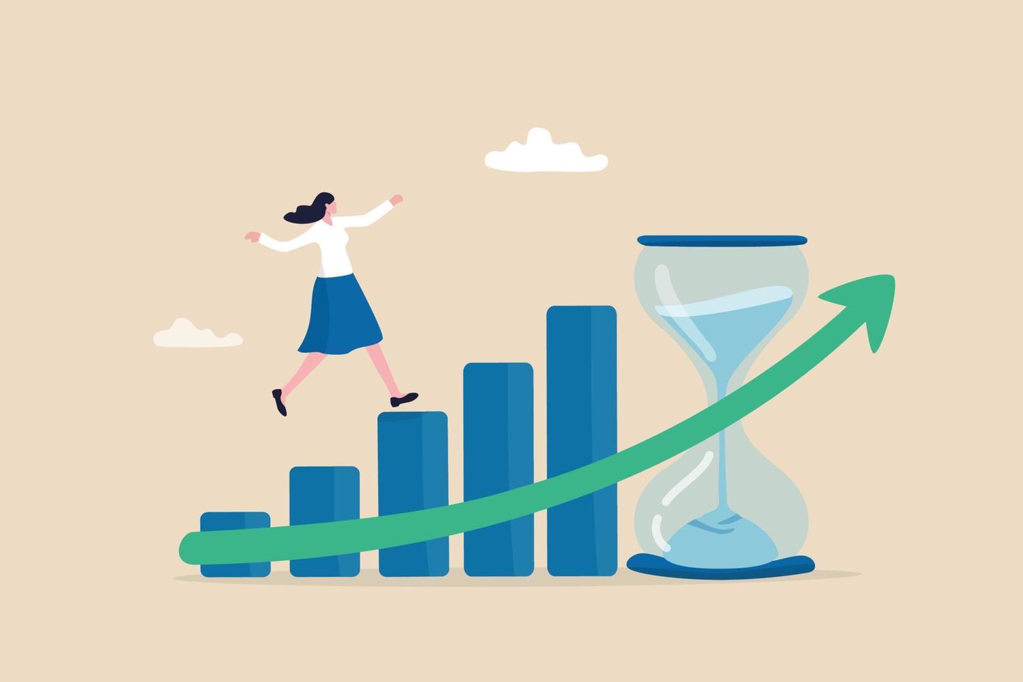 Time value of money, long term investment, business growth or success growing business, make profit or investment gain concept, woman walk up growth rising up graph with sandglass metaphor of time. vector