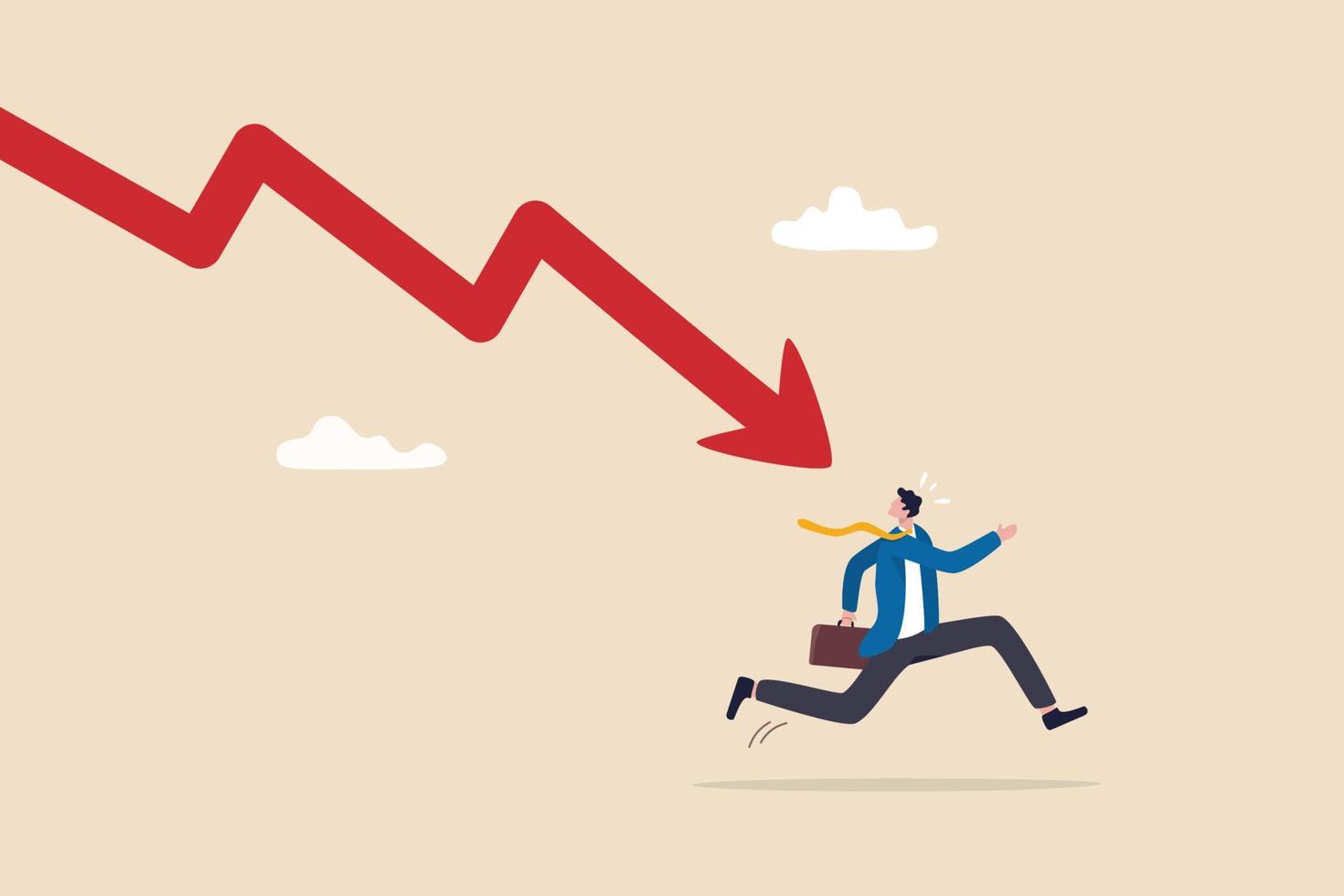 negocio falla, económico recesión o inversión pérdida o valores mercado que cae abajo, crisis o chocar, invertir riesgo o depresión concepto, ha fallado empresario correr lejos desde que cae abajo flecha cuadro. vector