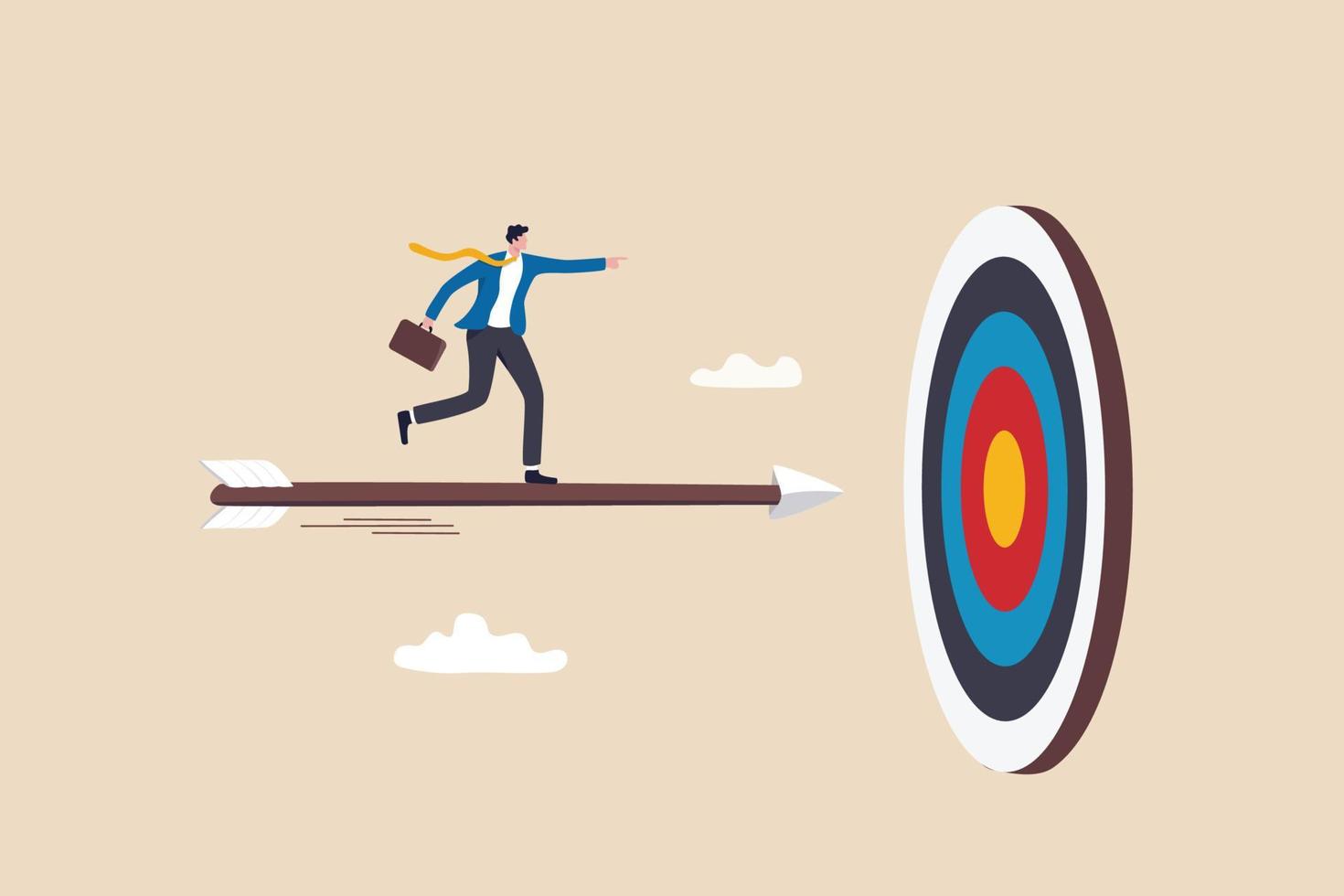 Aiming to hit business goal or target, skill or focus to achieve success, aspiration or performance, purpose or objective concept, confidence businessman on arrow bow aiming to hit target bullseye. vector