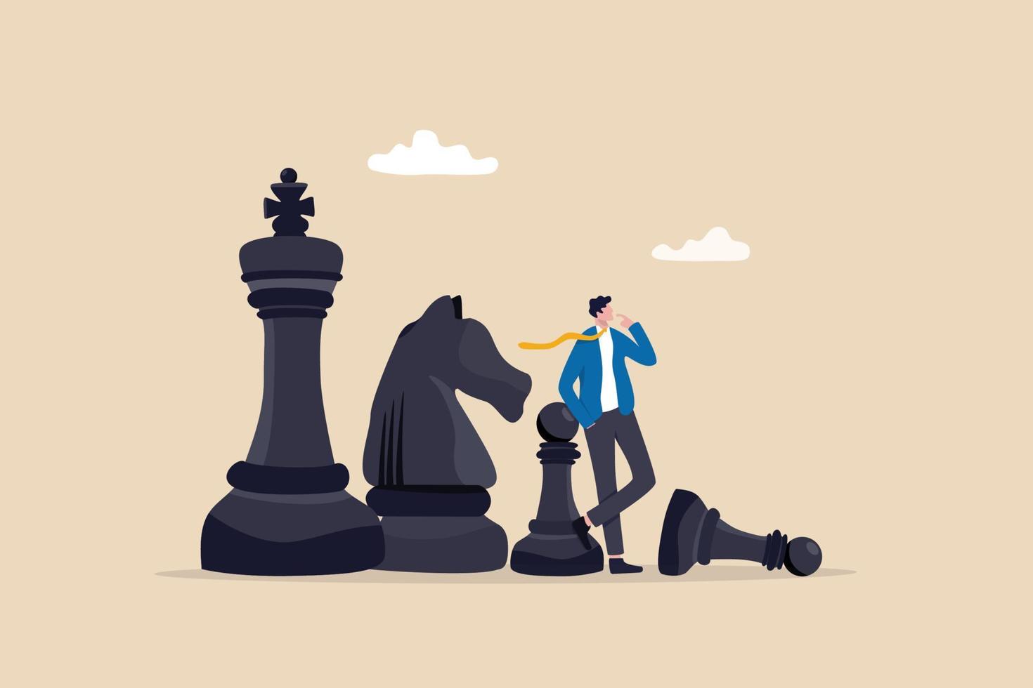 Strategic thinking to win business competition, marketing strategy or planning to make decisions, challenge or problem solving concept, contemplation businessman thinking with chess pieces. vector