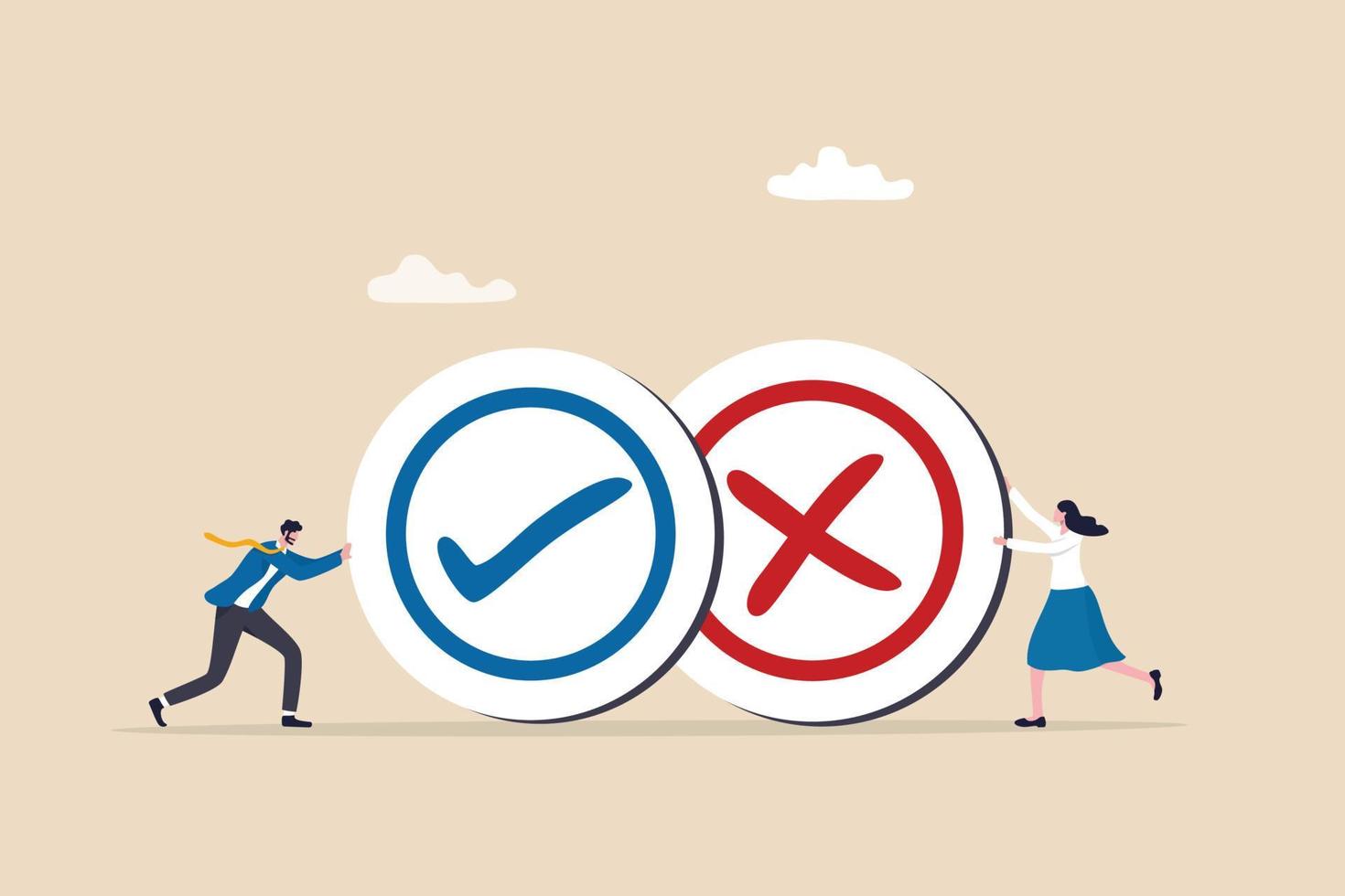 Pros and cons, do and dont or negative vs positive, comparison or advice article, yes or no, good or bad idea concept, business people holding big pros and cons, right and wrong symbols. vector