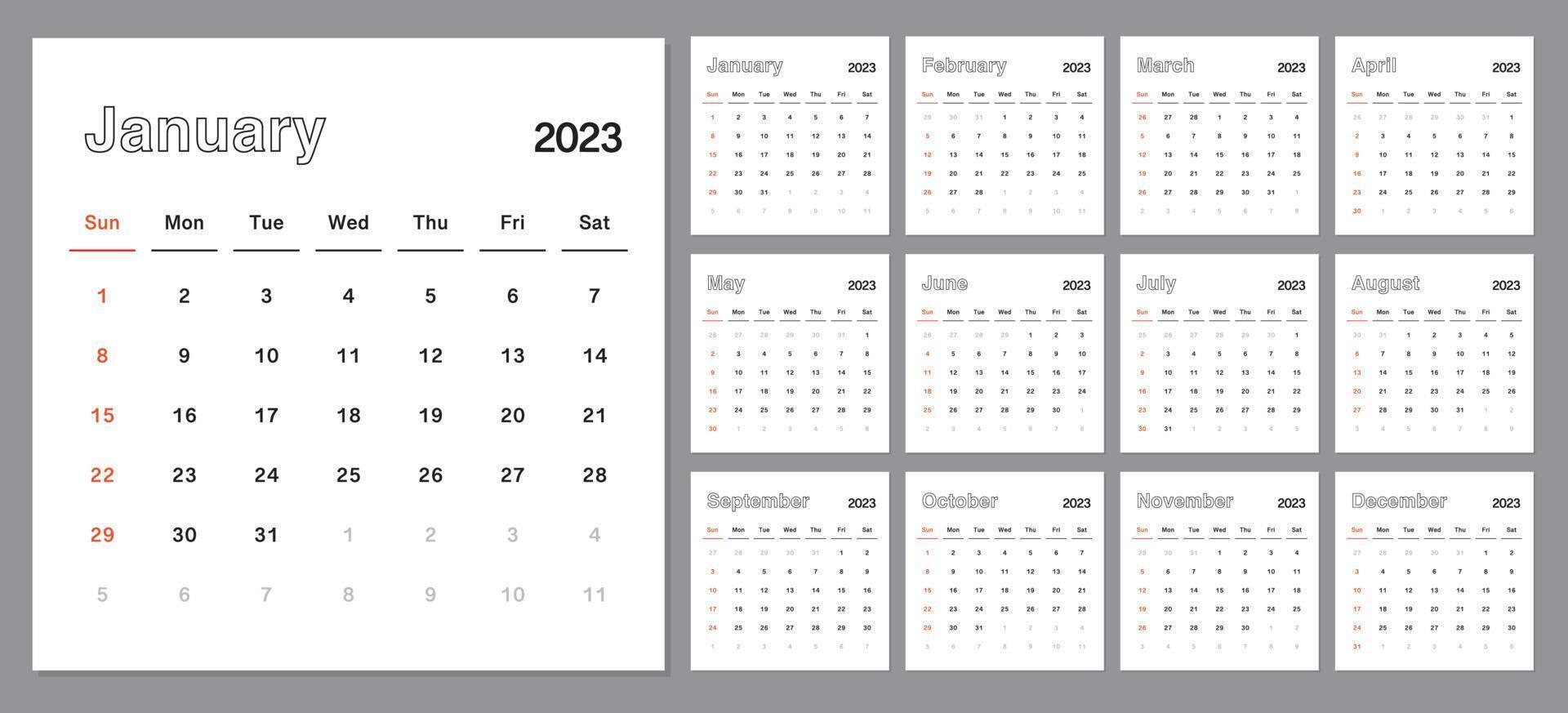 Classic monthly calendar for 2023. Calendar in the style of minimalist square shape. The week starts on Sunday. vector