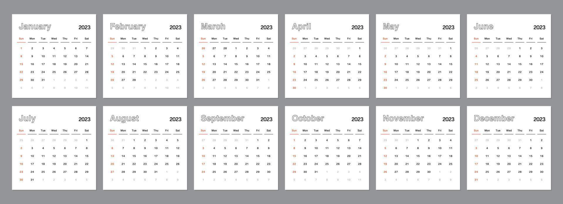 Classic monthly calendar for 2023. Calendar in the style of minimalist square shape. The week starts on Sunday. vector