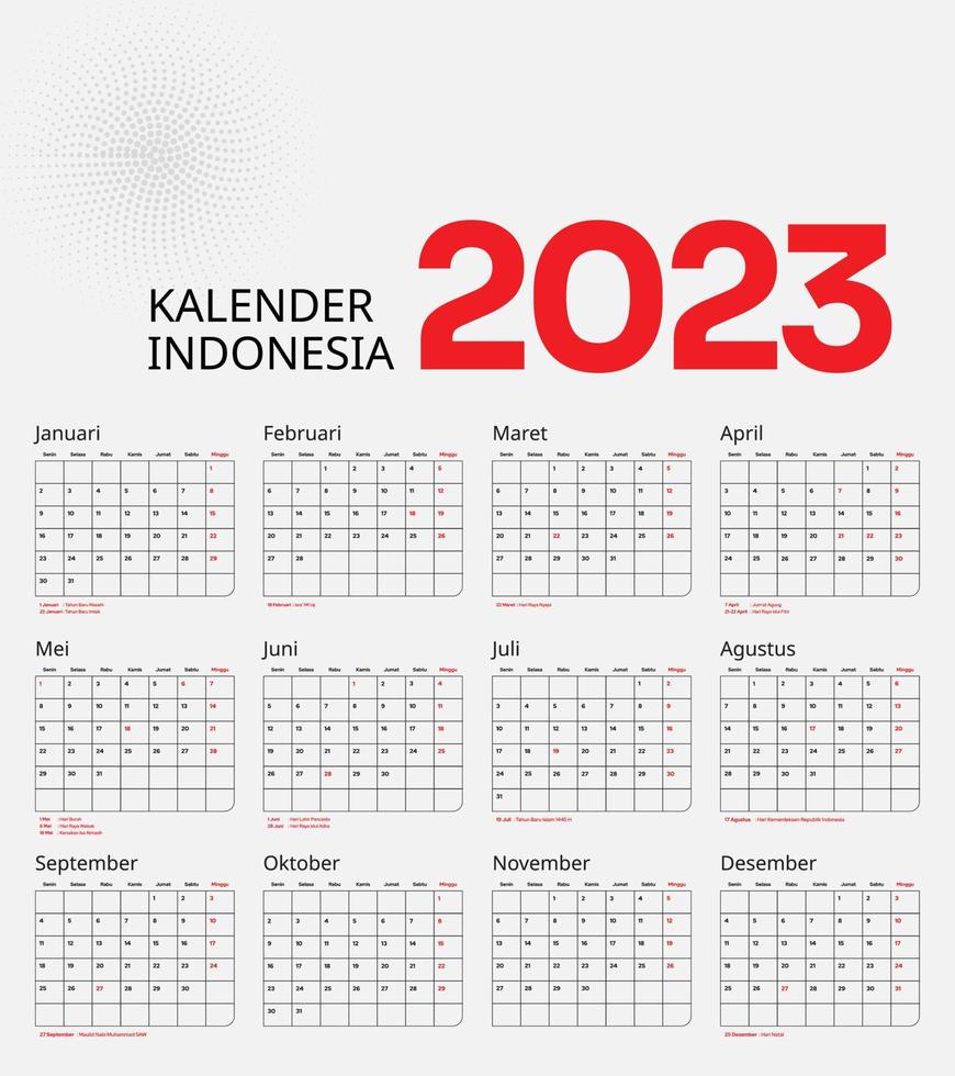 indonesio calendario 2023, kalender Indonesia 2023 vector