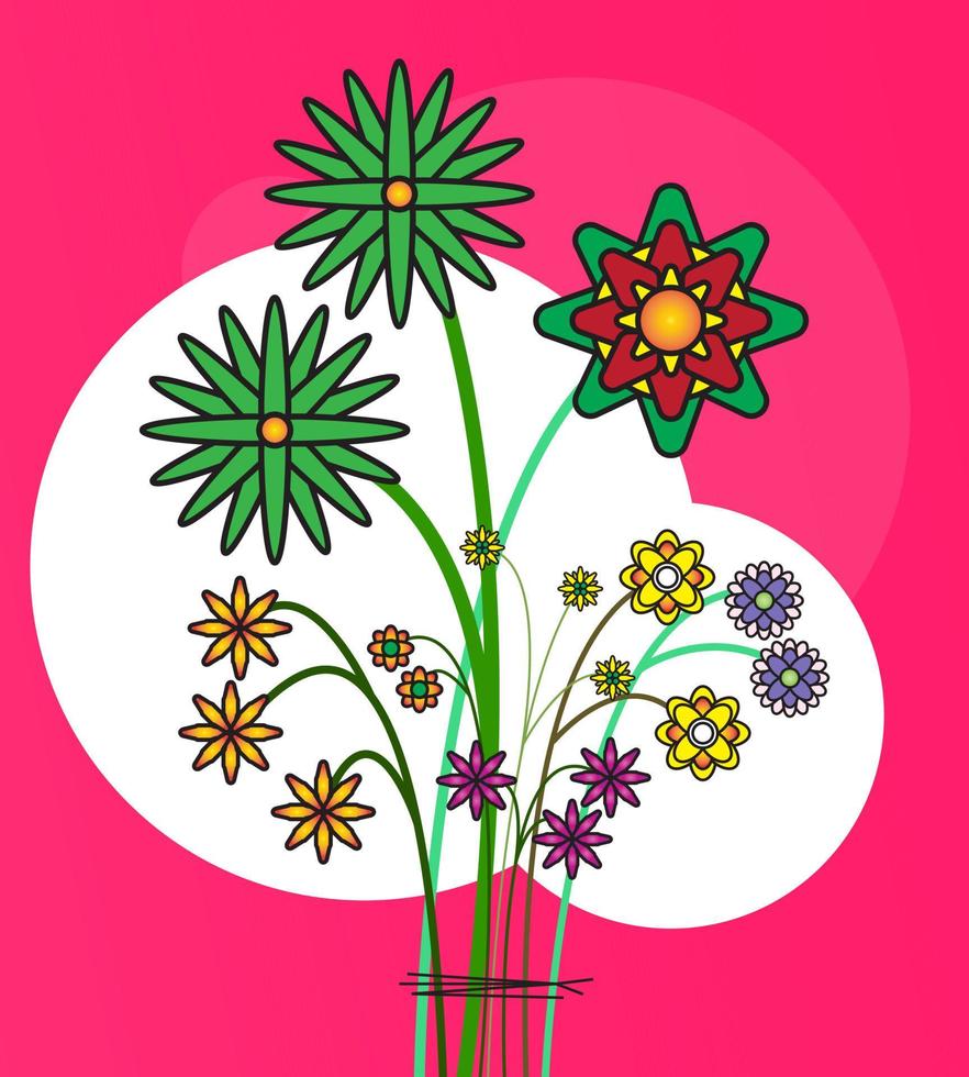 floral fondo decorado con maravilloso multicolor floreciente flores y hojas borde. primavera botánico plano vector, psicodélico dibujos animados estilo vector