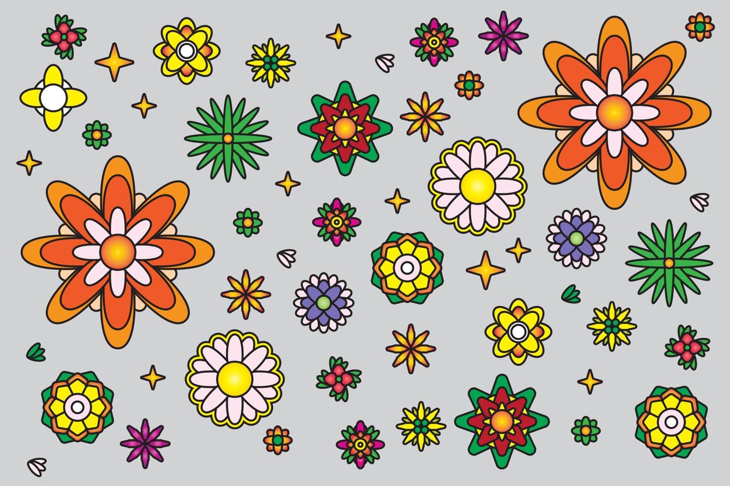 Groovy Flower Sticker pack in trendy retro psychedelic cartoon vector style