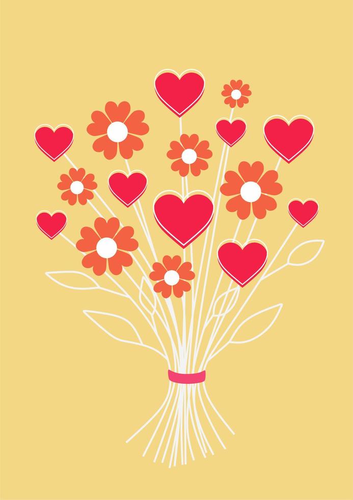 Bouquet of hearts and flowers. Valentine day card. vector