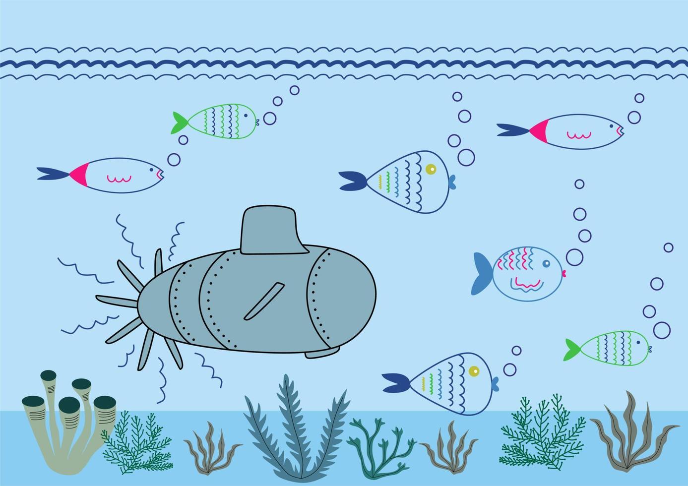 Submarine underwater concept. Marine life with fish, coral, seaweed, colorful blue ocean landscape vector