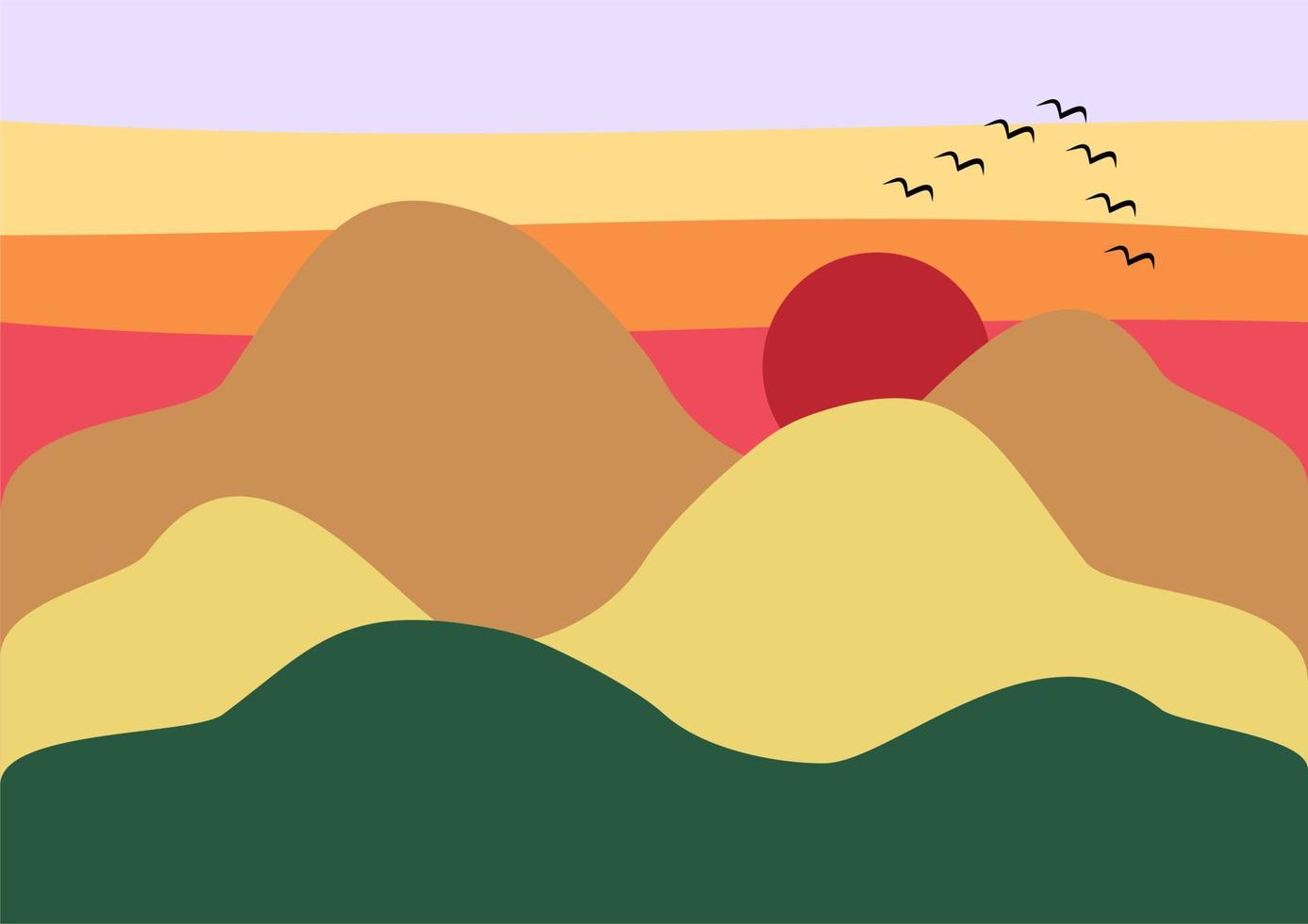 Japanese mountains and sunlight with birds. Colorful landscape. vector