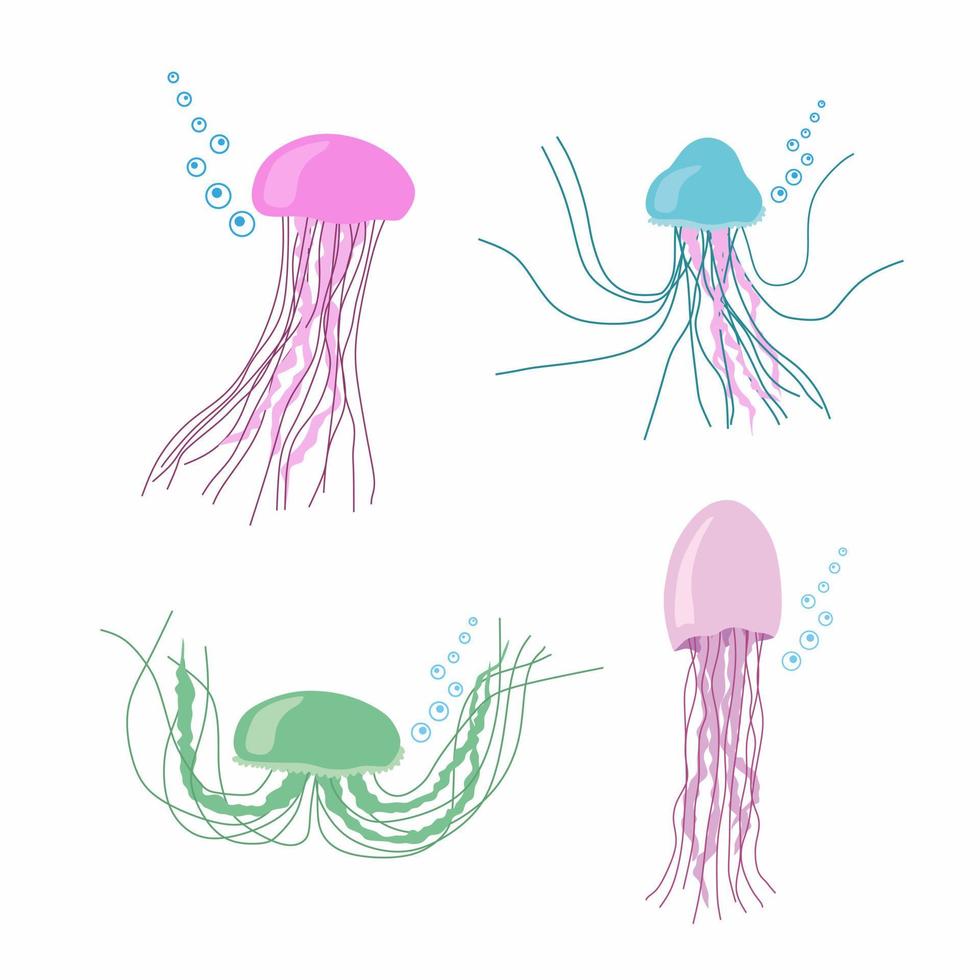 Colorful jellyfish set, swimming marine creatures vector Illustrations