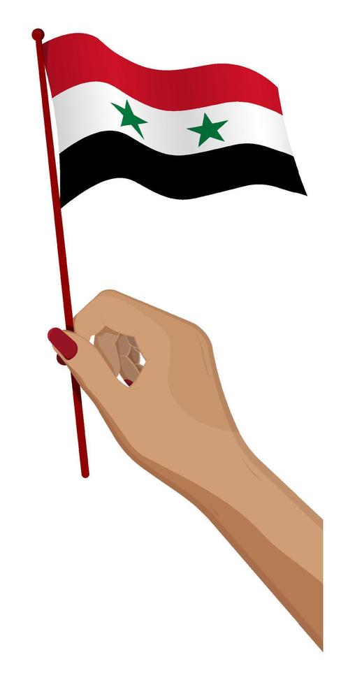 Female hand gently holds small Syria flag. Holiday design element. Cartoon vector on white background